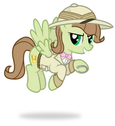 Size: 1024x1119 | Tagged: safe, artist:icaron, derpibooru import, oc, oc:saga, unofficial characters only, pegasus, pony, belt, bowtie, clothes, cutie mark, explorer outfit, grin, hat, horseshoes, jacket, pith helmet, shirt, show accurate, simple background, smiling, solo, transparent background, vector
