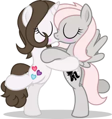 Size: 3087x3289 | Tagged: safe, artist:nxzc88, derpibooru import, oc, oc:pyrisa miracles, oc:violet, unofficial characters only, pegasus, pony, unicorn, bipedal, blushing, cutie mark, eyes closed, female, kissing, lesbian, oc x oc, raised leg, shipping, simple background, spread wings, transparent background, vector, wingboner