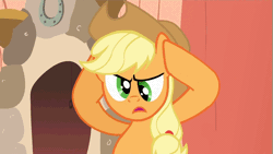Size: 853x480 | Tagged: safe, derpibooru import, screencap, applejack, earth pony, pony, look before you sleep, animated, cross-eyed, frown, gif, holding head, solo, talking