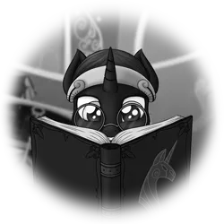 Size: 1417x1417 | Tagged: safe, artist:skorpionletun, derpibooru import, oc, oc:nyx, unofficial characters only, alicorn, pony, fanfic:past sins, book, chapter image, glasses, grayscale, monochrome, reading, simple background, solo, transparent background