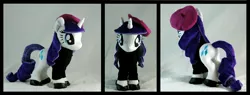 Size: 4012x1520 | Tagged: artist:whiteheather, beatnik rarity, beret, clothes, derpibooru import, hat, irl, photo, plushie, rarity, safe, shoes, solo, sweater, turtleneck