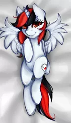 Size: 519x900 | Tagged: safe, artist:crystalfilth, derpibooru import, oc, oc:blackjack, unofficial characters only, alicorn, pony, fallout equestria, fallout equestria: project horizons, fanfic, alicorn oc, body pillow, body pillow design, cute, fanfic art, female, hooves, horn, lying down, mare, on back, pillow, solo, spread wings, wings