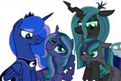 Size: 2047x1376 | Tagged: safe, artist:kindheart525, derpibooru import, princess luna, queen chrysalis, oc, oc:firefly, oc:philia agape armet, alicorn, changeling, changepony, hybrid, pony, kindverse, alicorn oc, emo, interspecies offspring, magical lesbian spawn, offspring, parent:princess luna, parent:queen chrysalis, parent:shining armor, parents:chrysaluna, parents:shining chrysalis, story included