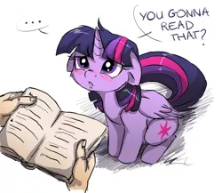 Size: 1500x1300 | Tagged: safe, artist:buttersprinkle, derpibooru import, twilight sparkle, twilight sparkle (alicorn), alicorn, human, pony, ..., adorkable, blushing, book, bookhorse, buttersprinkle is trying to murder us, cheek fluff, cute, dialogue, disembodied hand, dork, female, floppy ears, frown, looking up, offscreen character, sad, simple background, sitting, sweet dreams fuel, that pony sure does love books, twiabetes, white background