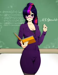 Size: 2550x3300 | Tagged: artist:reddgeist, book, breasts, busty twilight sparkle, chalkboard, classroom, cleavage, curvy, derpibooru import, fancy mathematics, female, glasses, human, humanized, math, safe, school, solo, teacher, twilight sparkle