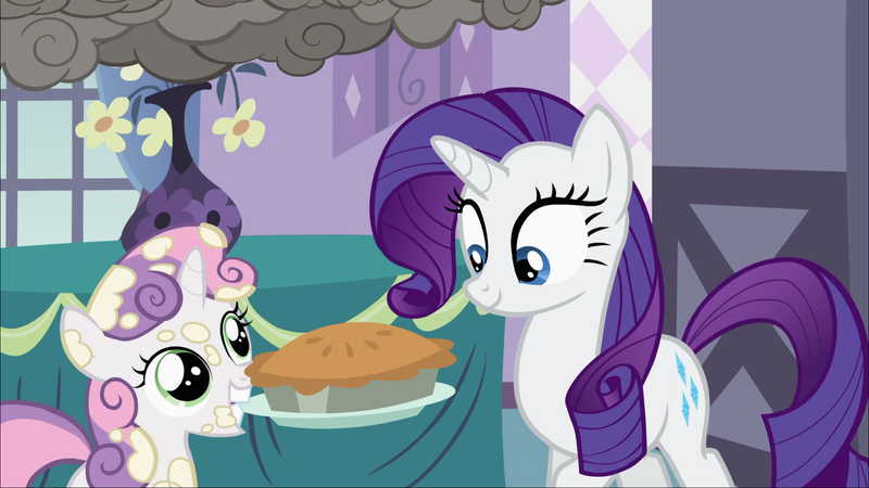 Size: 1920x1080 | Tagged: safe, derpibooru import, screencap, rarity, sweetie belle, pony, sisterhooves social, food, pie, rarity looking at food