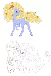 Size: 1500x2250 | Tagged: safe, artist:pikokko, derpibooru import, oc, oc:floret, oc:sauvignon blanc, oc:stephanie, unofficial characters only, earth pony, hybrid, pony, unicorn, date, excited, female, flower, flower in hair, interspecies offspring, jealous, male, mare, monochrome, offspring, omg, parent:fancypants, parent:fleur-de-lis, parent:prince blueblood, parent:rarity, parent:sapphire shores, parent:steven magnet, parents:fancyfleur, parents:rariblood, rivalry, sketch, stallion, transformation