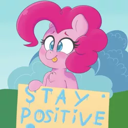Size: 1280x1280 | Tagged: safe, artist:matitas, derpibooru import, pinkie pie, pony, :p, bipedal, blushing, chest fluff, colored pupils, cross-eyed, cute, diapinkes, fluffy, motivational poster, nose wrinkle, positive ponies, sign, smiling, solo, tongue out