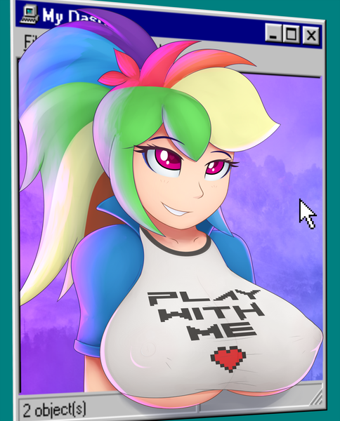 Size: 895x1110 | Tagged: suggestive, artist:burstfire, derpibooru import, rainbow dash, human, bedroom eyes, big breasts, breasts, bronybait, busty rainbow dash, clothes, erect nipples, female, fucking the fourth wall, heart eyes, humanized, nipple outline, nipples, ponytail, sexy, solo, solo female, stupid sexy rainbow dash, underboob, windows, windows 95, wingding eyes