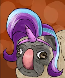 Size: 966x1153 | Tagged: safe, artist:slamjam, derpibooru import, starlight glimmer, ponified, dog, pug, barely pony related, derp, doggo, fake horn, solo, tongue out, wat