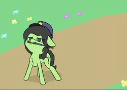 Size: 1000x712 | Tagged: safe, artist:happy harvey, derpibooru import, oc, oc:anon, oc:anonfilly, unofficial characters only, baton, chest fluff, cutie mark, drawn on phone, female, filly, floppy ears, flower, grass, hat, police, road, solo