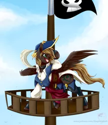 Size: 1280x1477 | Tagged: safe, artist:pinktabico, derpibooru import, oc, unofficial characters only, pegasus, pony, bicorne, clothes, hat, open mouth, patreon, patreon reward, pirate, pirate hat, ship, solo, watermark