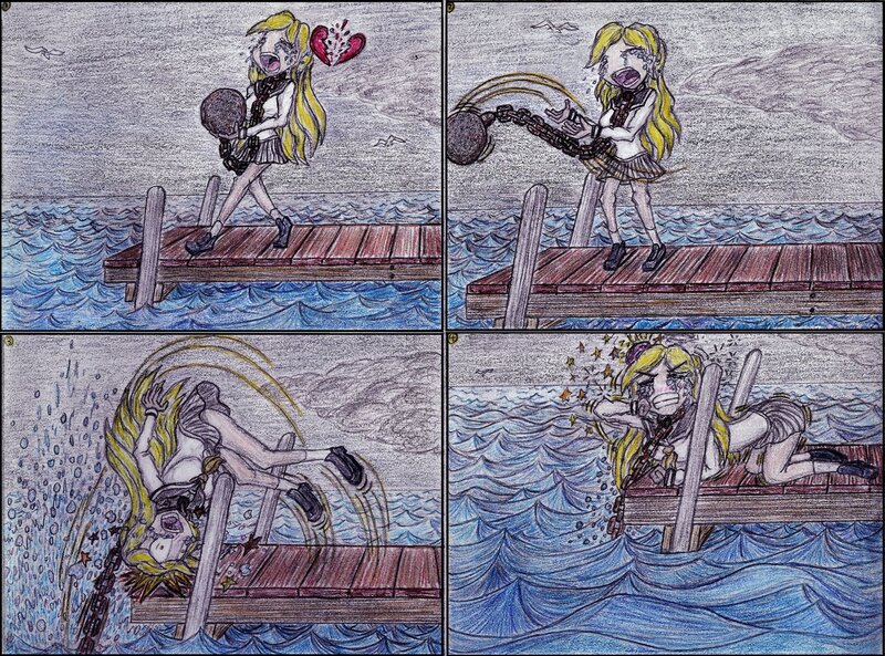 Size: 1280x949 | Tagged: semi-grimdark, artist:meiyeezhu, derpibooru import, derpy hooves, human, alone, anime, attempted suicide, ball and chain, chains, clothes, collar, comic, crying, depressed, depression, dock, dumped, emotional, fail, fog, frustrated, heartbreak, heavy, hopeless, humanized, image, injured, jpeg, lonely, ocean, old master q, parody, pier, pleated skirt, sad, school uniform, shoes, skirt, skirt lift, socks, solo, suicidal, suicide, traditional art, trump derangement syndrome in description, water, weight, wood