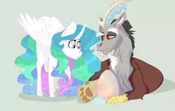 Size: 830x528 | Tagged: safe, artist:bombasticdingo, derpibooru import, discord, princess celestia, hybrid, dislestia, drool, egg, interspecies offspring, male, offspring, parent:discord, parent:princess celestia, parents:dislestia, prone, shipping, straight