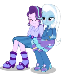 Size: 4121x5000 | Tagged: safe, artist:limedazzle, derpibooru import, starlight glimmer, trixie, equestria girls, absurd resolution, blushing, boots, clothes, cute, equestria girls-ified, female, high heel boots, high heels, jacket, lesbian, shipping, simple background, sitting, skirt, startrix, transparent background, vector