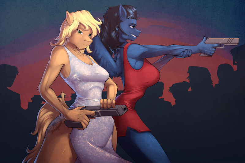 Size: 1500x1000 | Tagged: anthro, artist:bakuhaku, cocktail dress, derpibooru import, gun, handgun, oc, oc:storm rider, oc:valiant reverence, pegasus, pistol, safe, surrounded, unofficial characters only, weapon