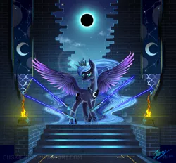 Size: 2500x2322 | Tagged: artist:duskie-06, banner, color porn, crepuscular rays, derpibooru import, eclipse, fire, lightsaber, magic, moon, princess luna, safe, solar eclipse, solo, spread wings, stairs, stars, star wars, telekinesis, wall, weapon