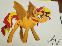 Size: 3070x2268 | Tagged: safe, artist:everfreeartist, derpibooru import, sunset shimmer, alicorn, bat pony, bat pony alicorn, pony, alicornified, bat ponified, charcoal drawing, female, lineless, mare, marker drawing, race swap, shimmercorn, simple background, solo, spread wings, traditional art, white background