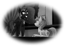 Size: 3310x2387 | Tagged: safe, artist:skorpionletun, derpibooru import, dinky hooves, nightmare moon, twilight sparkle, oc, oc:nyx, alicorn, pony, fanfic, fanfic:past sins, black and white, chapter image, clothes, cosplay, costume, fanfic art, grayscale, monochrome, nightmare nyx, school play, simple background, transparent background, unshorn fetlocks