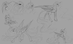 Size: 5000x3000 | Tagged: safe, artist:jazzybrony, derpibooru import, princess celestia, princess luna, classical unicorn, absurd resolution, cewestia, crying, cute, doodle, eyes closed, female, filly, leonine tail, monochrome, prone, simple background, sketch, sunbutt, tongue out, unshorn fetlocks, woona, younger