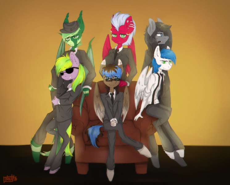 Size: 2200x1771 | Tagged: anthro, anthro oc, artist:lonerdemiurge_nail, clothes, couch, derpibooru import, group, mafia, oc, oc:auburn frond, oc:gex, oc:math millien, oc:melon frost, oc:playthrough, oc:somber solace, safe, suit, unofficial characters only