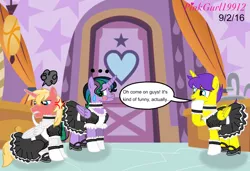 Size: 4076x2792 | Tagged: safe, artist:cinnamon-swirls, derpibooru import, oc, oc:orion galaxy, oc:paladin knight, oc:velvet shade, unofficial characters only, alicorn, pony, kindverse, alicorn oc, clothes, crossdressing, dialogue, embarrassed, maid, offspring, parent:flash sentry, parent:good king sombra, parent:king sombra, parent:princess cadance, parent:princess celestia, parent:shining armor, parent:twilight sparkle, parents:celestibra, parents:flashlight, parents:shiningcadance, red face, sweat, sweating profusely