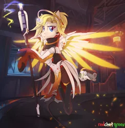 Size: 3000x3077 | Tagged: artist:redchetgreen, derpibooru import, flying, gun, magic, mercy, overwatch, ponified, safe, solo, staff, telekinesis, weapon