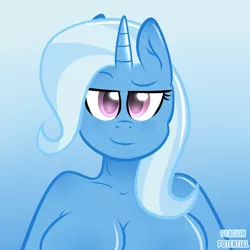 Size: 1280x1280 | Tagged: suggestive, artist:penguinpotential, derpibooru import, trixie, anthro, unicorn, blushing, female, smiling, solo, solo female