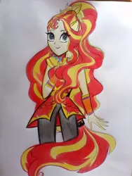 Size: 600x800 | Tagged: safe, artist:getaaa, derpibooru import, sunset shimmer, equestria girls, legend of everfree, clothes, pants, ponied up, solo, super ponied up, traditional art
