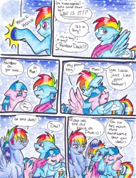 Size: 2501x3276 | Tagged: safe, artist:tristanjsolarez, derpibooru import, firefly, rainbow blaze, rainbow dash, pegasus, pony, comic:trans ponies, clothes, colored pencil drawing, comic, crying, family, female, fireblaze, firefly as rainbow dash's mom, g1, g1 to g4, g4, generation leap, knocking, male, mare, parent, rainbow dash's parents, scarf, shipping, stallion, straight, tears of joy, traditional art, transgender