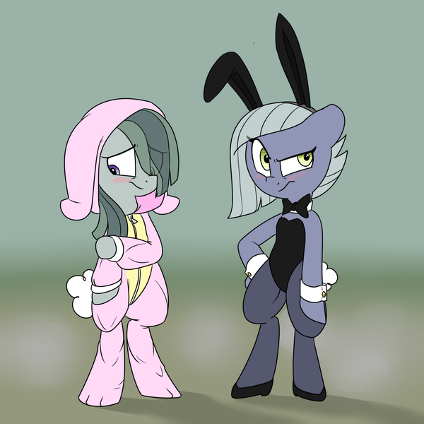 Size: 1280x1280 | Tagged: safe, artist:victoreach, derpibooru import, limestone pie, marble pie, earth pony, pony, rabbit, animal costume, blushing, bow, bowtie, bunny costume, bunny ears, bunny suit, clothes, costume, cute, female, leotard, limabetes, marblebetes, mare, playboy, playboy bunny, sisters