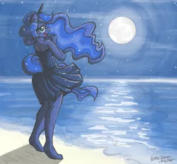 Size: 1200x1111 | Tagged: safe, artist:flutterthrash, derpibooru import, princess luna, alicorn, anthro, plantigrade anthro, unguligrade anthro, unicorn, barefoot, beach, clothes, commission, dress, feet, female, lidded eyes, looking at you, looking back, moon, night, night sky, ocean, open mouth, sand, smiling, solo, stars, water, wingless, wingless anthro