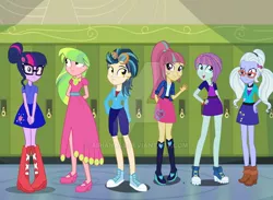 Size: 564x412 | Tagged: safe, artist:airiana45, derpibooru import, indigo zap, lemon zest, sci-twi, sour sweet, sugarcoat, sunny flare, twilight sparkle, equestria girls, boots, clothes, converse, high heel boots, shadow six, shoes, skirt, sneakers, watermark