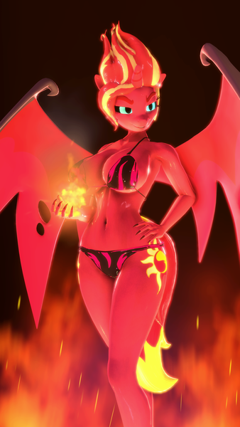 Size: 2160x3840 | Tagged: suggestive, artist:indigosfmworks, derpibooru import, sunset shimmer, anthro, demon, succubus, equestria girls, 3d, belly button, big breasts, bikini, black sclera, bra, breasts, busty sunset shimmer, cleavage, clothes, female, fire, grin, magic, midriff, panties, sideboob, smiling, solo, solo female, source filmmaker, spread wings, sunset satan, swimsuit, underwear