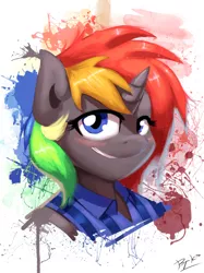 Size: 1280x1707 | Tagged: safe, artist:burgerkiss, derpibooru import, oc, oc:krylone, unofficial characters only, pony, unicorn, blushing, bust, clothes, portrait, rainbow hair, smiling, solo