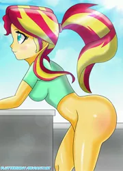 Size: 2239x3110 | Tagged: suggestive, artist:swagalicious-tony, derpibooru import, sunset shimmer, equestria girls, adorasexy, alternate hairstyle, blushing, bottomless, breasts, bunset shimmer, busty sunset shimmer, clothes, colored pupils, crepuscular rays, cute, female, looking up, partial nudity, ponytail, sexy, side view, smiling, solo, solo female, the ass was fat
