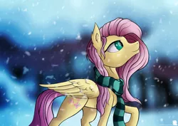 Size: 5787x4092 | Tagged: absurd resolution, artist:simonk0, clothes, derpibooru import, fluttershy, forest, looking up, profile, raised hoof, safe, scarf, snow, solo, winter