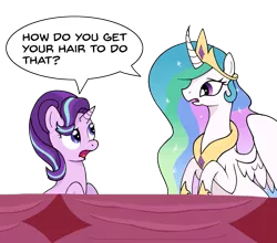 Size: 1147x1011 | Tagged: safe, artist:zharkaer, derpibooru import, princess celestia, starlight glimmer, alicorn, pony, unicorn, no second prances, curved horn, dialogue, duo, jewelry, regalia, simple background, sitting, speech bubble, transparent background