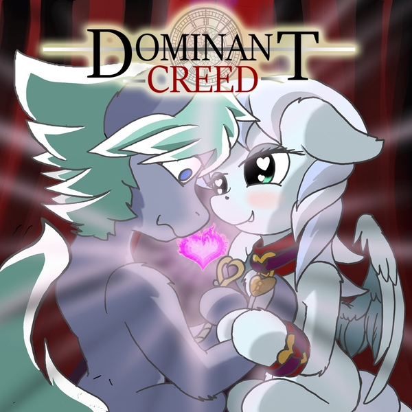 Size: 900x900 | Tagged: suggestive, artist:manifest harmony, derpibooru import, oc, oc:silent pride, unofficial characters only, earth pony, pegasus, pony, fanfic, fanfic:clocktower society, bdsm, bedroom eyes, blushing, collar, consensual, fanfic art, fanfic cover, leash, male, nervous, oc x oc, pet, romantic, shipping, slave, straight