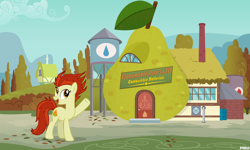 Size: 4200x2520 | Tagged: safe, artist:a4r91n, derpibooru import, oc, oc:para focului, unofficial characters only, earth pony, pony, autumn, building, fan, flammable, food, house, misspelling, pear, pointing, solo, vector, water tower