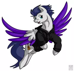 Size: 2115x2019 | Tagged: safe, artist:stormblaze-pegasus, derpibooru import, oc, oc:switch, oc:switch storm, unofficial characters only, pegasus, pony, clothes, colored wings, colored wingtips, commission, flying, hoodie, open mouth, solo