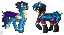 Size: 2776x1532 | Tagged: artist:stormblaze-pegasus, clothes, commission, costume, derpibooru import, duo, goggles, oc, oc:switch, oc:switch storm, safe, shadowbolts, shadowbolts costume, simple background, unofficial characters only, white background, wonderbolts uniform
