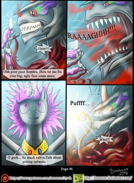 Size: 1200x1628 | Tagged: artist:bonaxor, comic, comic:corruption, derpibooru import, drool, glowing horn, king sombra, magic, princess celestia, safe, sharp teeth, teeth, tentacles, true form