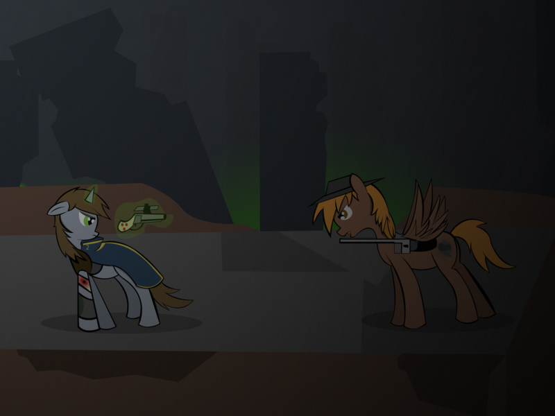 Size: 3600x2700 | Tagged: semi-grimdark, artist:skyflys, derpibooru import, oc, oc:calamity, oc:littlepip, unofficial characters only, pegasus, pony, unicorn, fallout equestria, fanfic, bad end, bandage, battle saddle, clothes, dashite, fanfic art, female, floppy ears, glowing horn, gun, handgun, hat, hooves, horn, levitation, little macintosh, magic, male, mare, open mouth, optical sight, pipbuck, revolver, rifle, slaver, spread wings, stallion, telekinesis, this will end in tears and/or death, vault suit, wasteland, weapon, wings