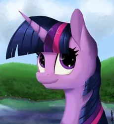 Size: 1215x1319 | Tagged: artist:shikogo, bust, cute, derpibooru import, forest, lake, looking up, portrait, safe, smiling, solo, twilight sparkle