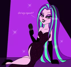 Size: 1252x1180 | Tagged: safe, artist:purfectprincessgirl, derpibooru import, aria blaze, equestria girls, classy, clothes, dialogue, dress, evening gloves, gloves, high heels, lips, lipstick, makeup, microphone, solo, spotlight, stage