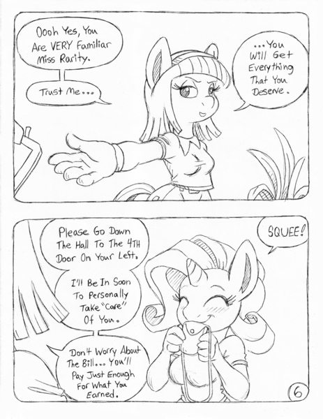 Size: 849x1100 | Tagged: anthro, artist:circe, artist:steve budzinski, black and white, blue nile, comic, comic:soreloser, derpibooru import, grayscale, monochrome, rarity, safe, traditional art