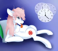 Size: 2600x2300 | Tagged: safe, artist:limeovertime, derpibooru import, nurse redheart, clock, on back, pregnant, solo, tongue out