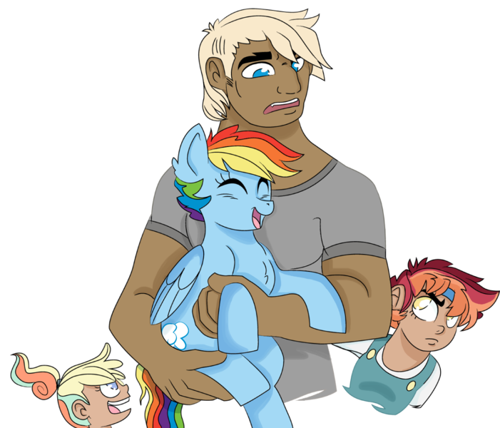 Size: 1355x1159 | Tagged: safe, artist:dbkit, derpibooru import, dumbbell, rainbow dash, oc, oc:cherry bomber, oc:kite runner, human, pony, dumbdash, holding a pony, humanized, humanized oc, male, offspring, parent:dumbbell, parent:rainbow dash, parents:dumbdash, shipping, simple background, straight, transparent background, tumblr