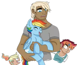 Size: 1355x1159 | Tagged: safe, artist:dbkit, derpibooru import, dumbbell, rainbow dash, oc, oc:cherry bomber, oc:kite runner, human, pony, dumbdash, holding a pony, humanized, humanized oc, male, offspring, parent:dumbbell, parent:rainbow dash, parents:dumbdash, shipping, simple background, straight, transparent background, tumblr